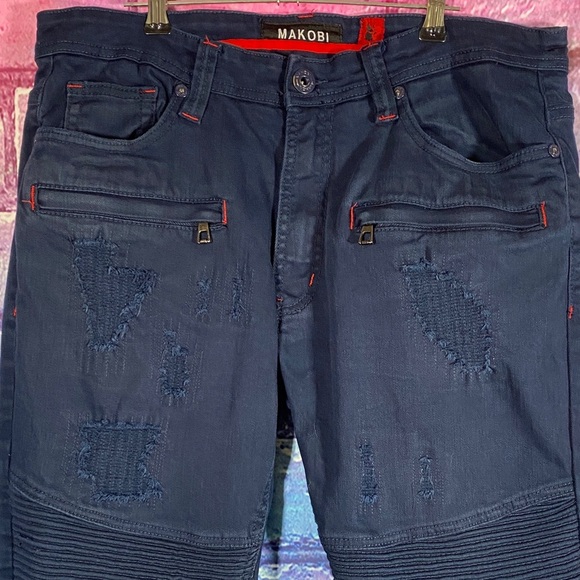 Makobi Moto Jeans 36x34 Navy Mens Distressed Slim Fit Biker Denim Pants Stretch - Picture 3 of 15